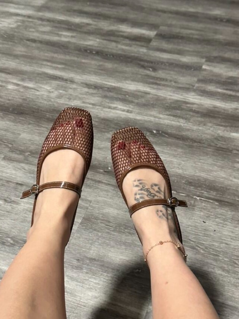 Brown Mesh Mary Jane Flats with Strap